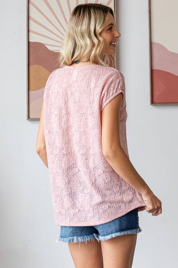 Allover Floral Semi-Sheer Lace Short Sleeve Top