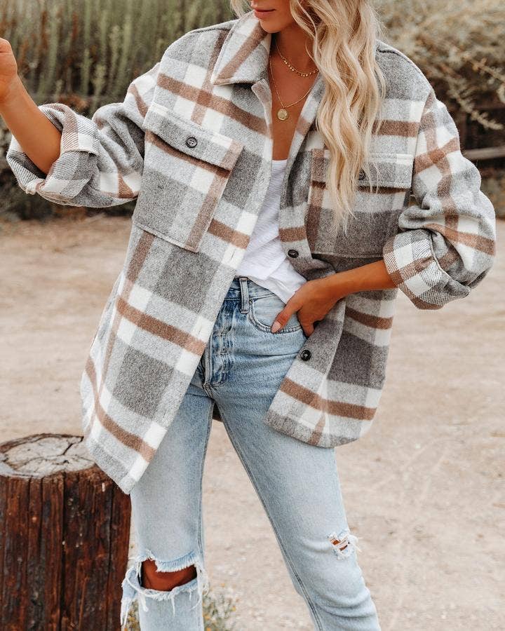 Plaid Button Down Flannel Shirt Jacket