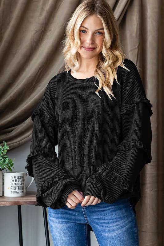 PUFF SLEEVE SOLID URBAN RIBBED TOP WITH SHIRRING