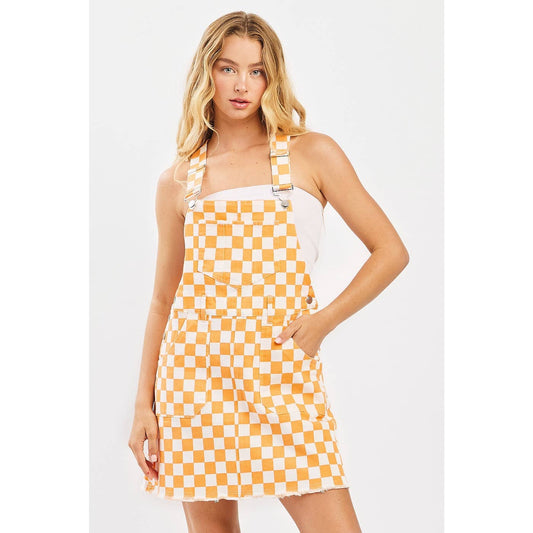 GAME DAY CHECKERED BIB OVERALL MINI DRESS