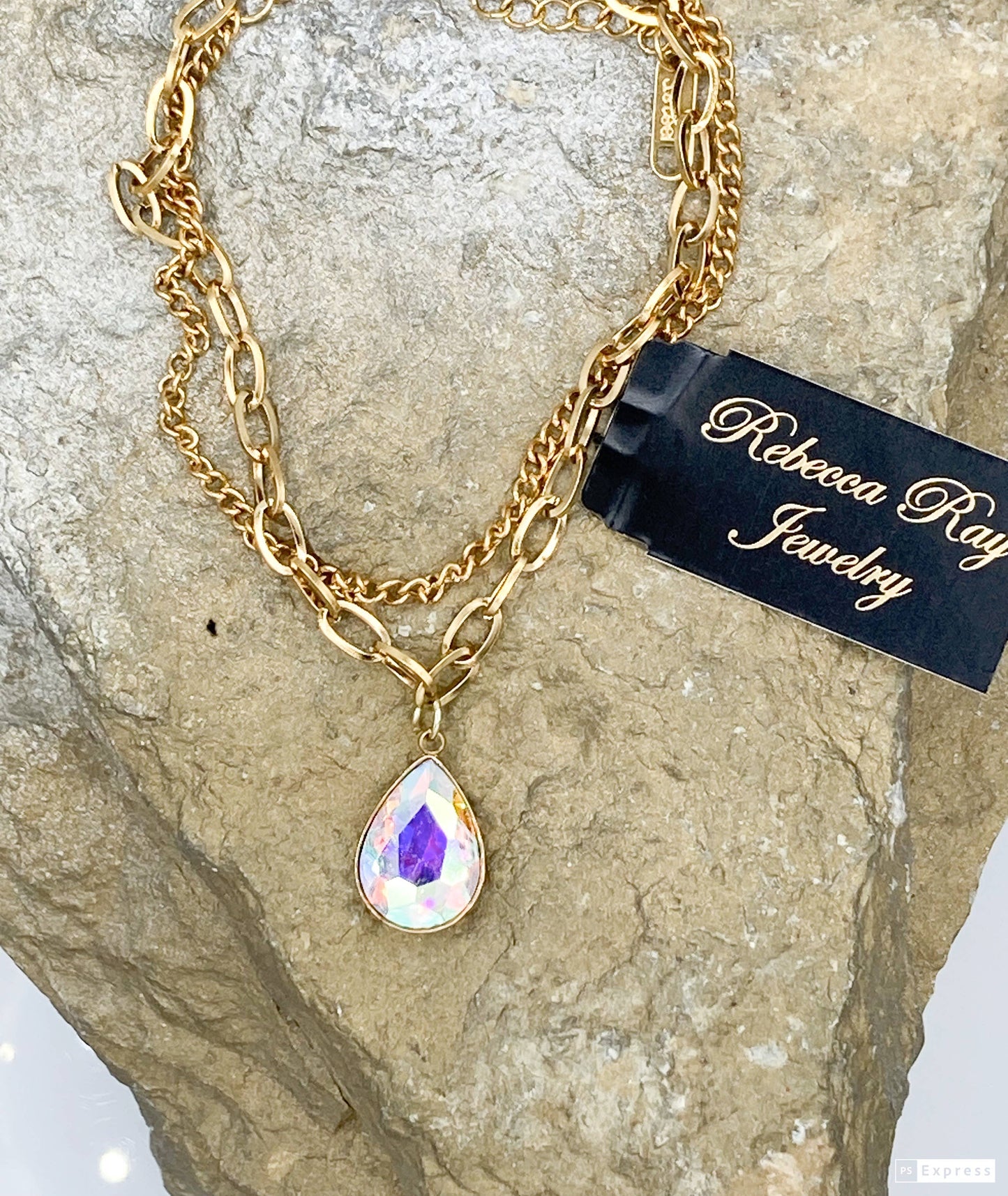 Gold Double Strand Toggle Necklace with Crystal Teardrop