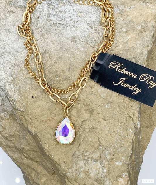 Gold Double Strand Toggle Necklace with Crystal Teardrop