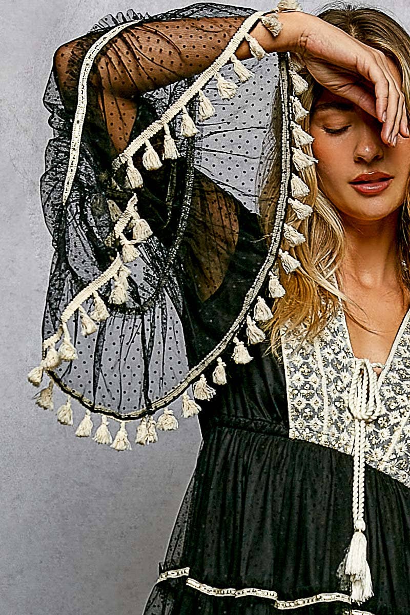Split Embroidery Tassel Detail V-Neck Flared Short Dress