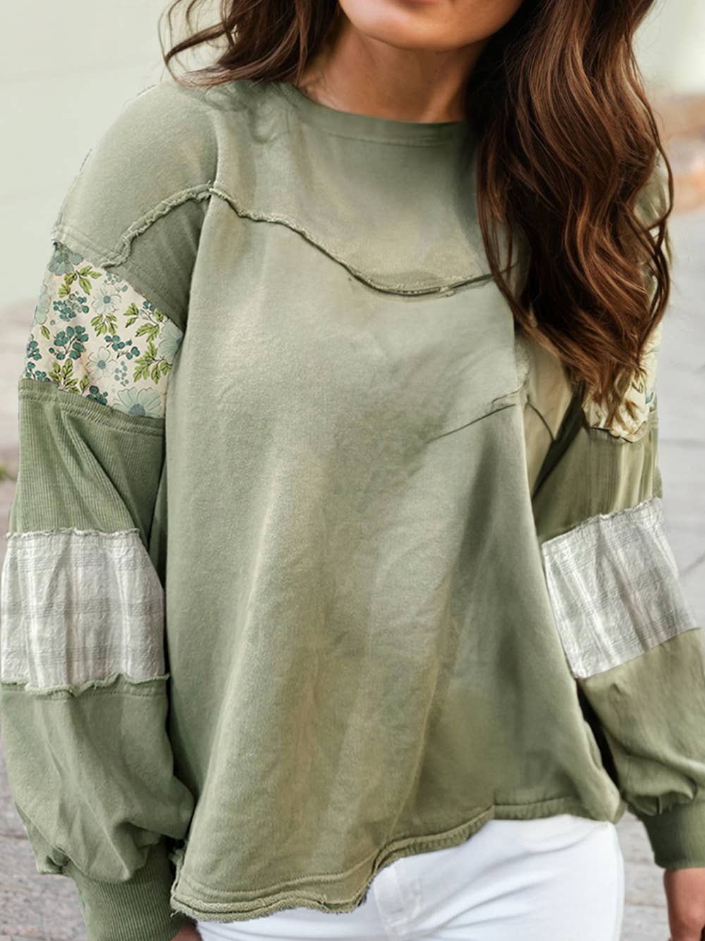 Floral Plaid Mixed Sleeve Raw Edge Relaxed French Terry Top