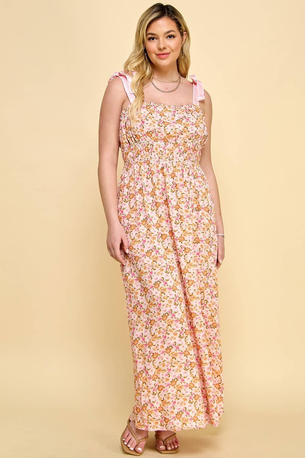 PLUS SIZE SHOULDER TIE SMOCKED MAXI DRESS