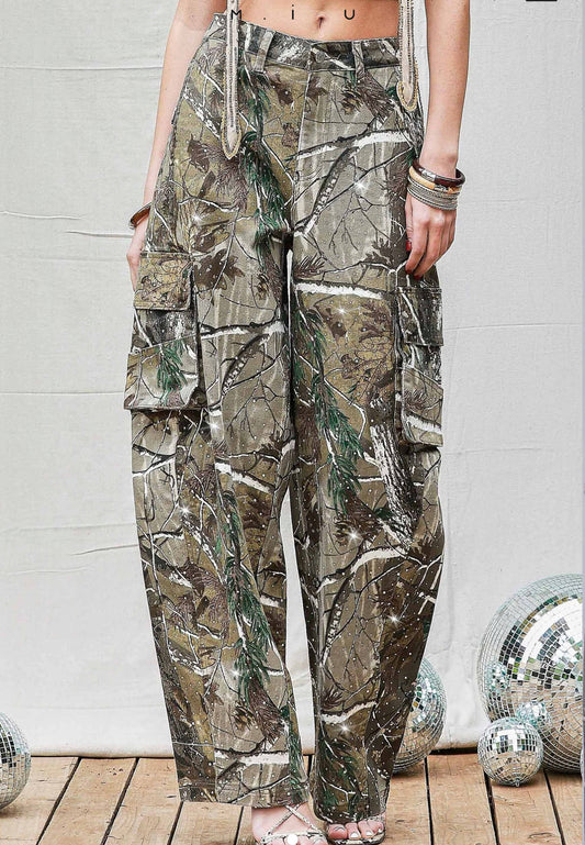 Rhinestone Camo Cargo Jeans