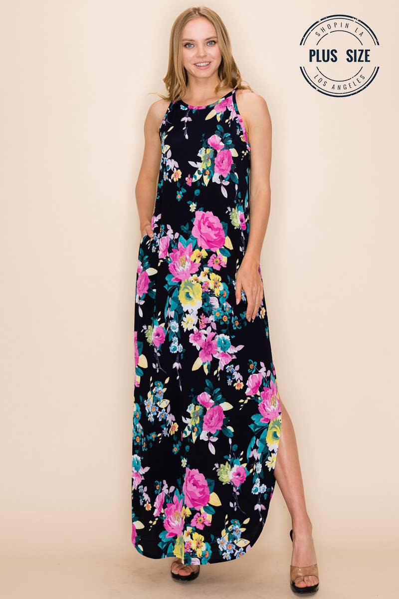 Women's Plus Navy/Yellow Floral Summer Sleeveless Maxi Dress