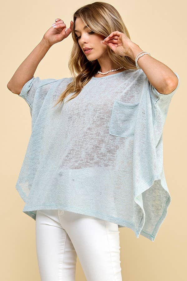 Women's Solid Sheer Dolman Short Sleeve Pancho, Light Blue