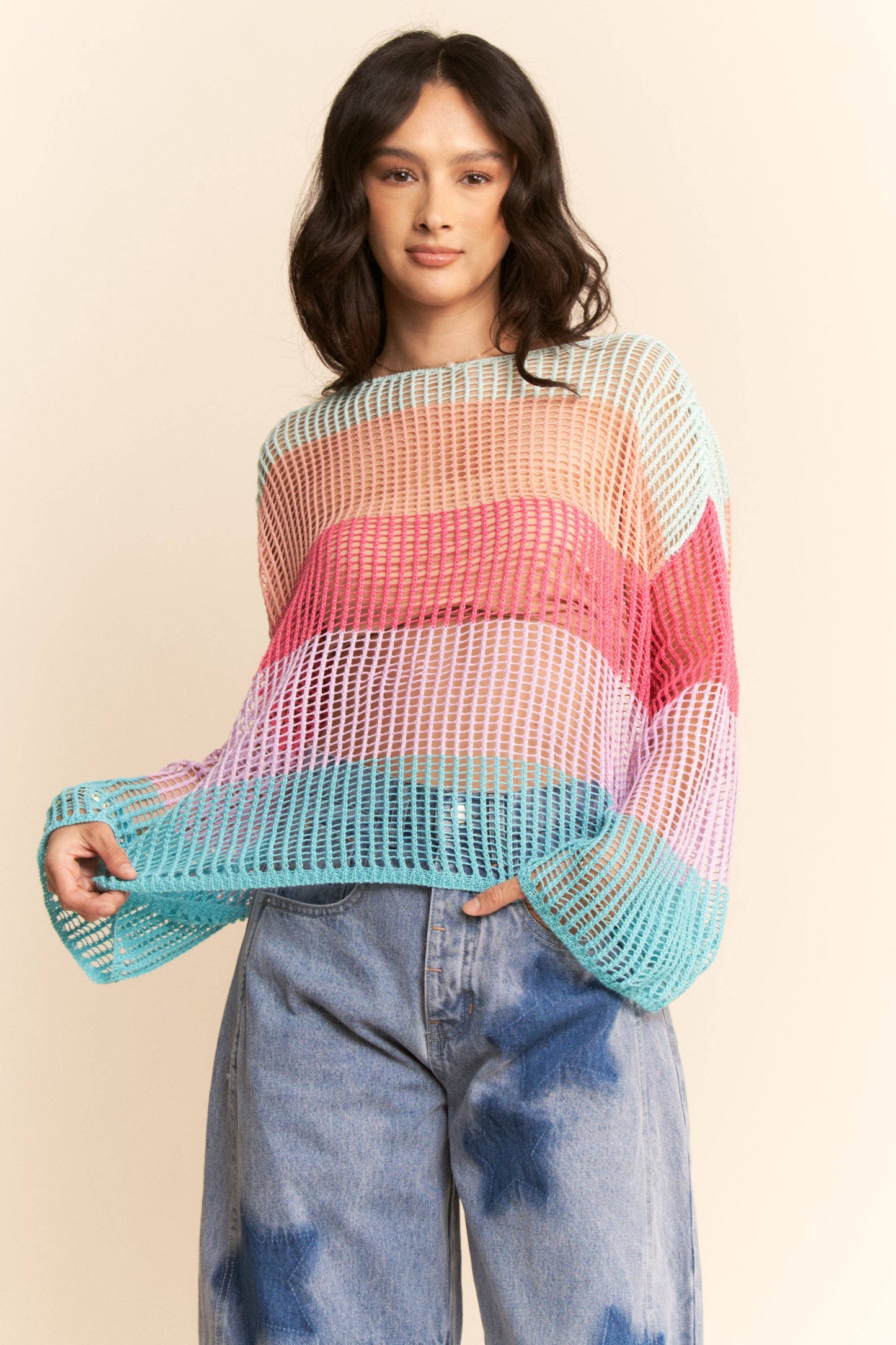 STRIPED WIDE OPENING SLEEVE PULLOVER COVER UP TOP
