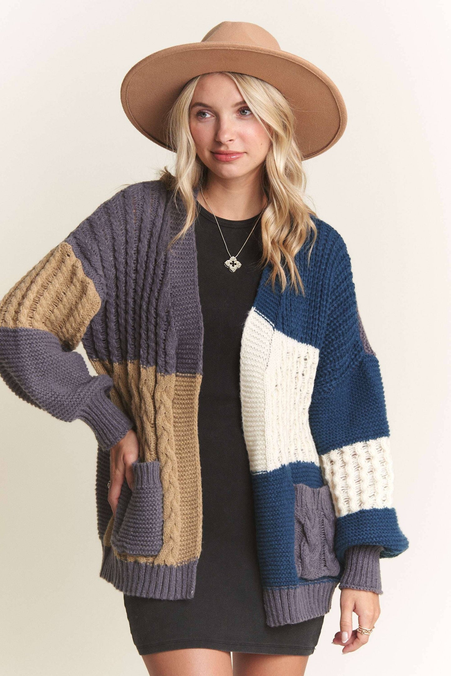 Puff Sleeves Colorblock Sweater Cardigan