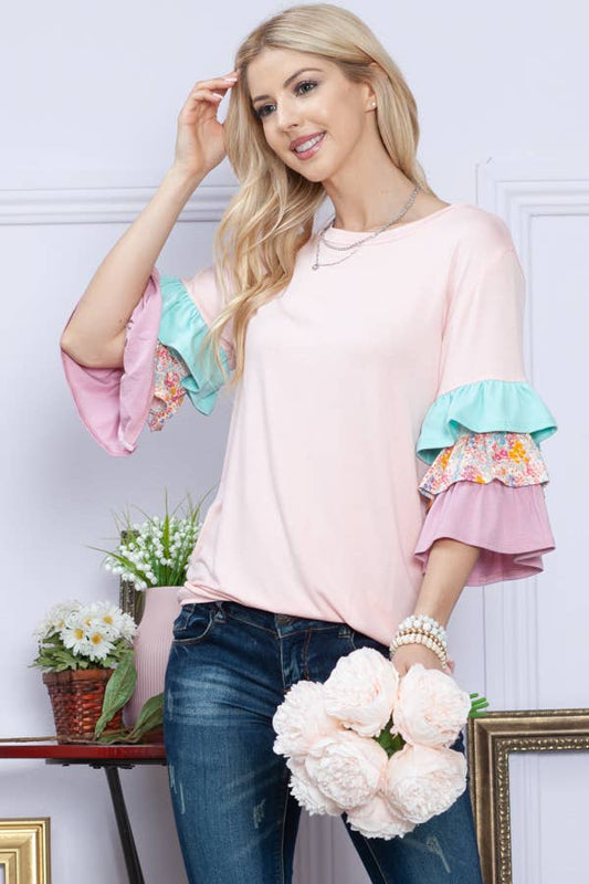 COLOR BLOCK RUFFLE SLEEVE TOP