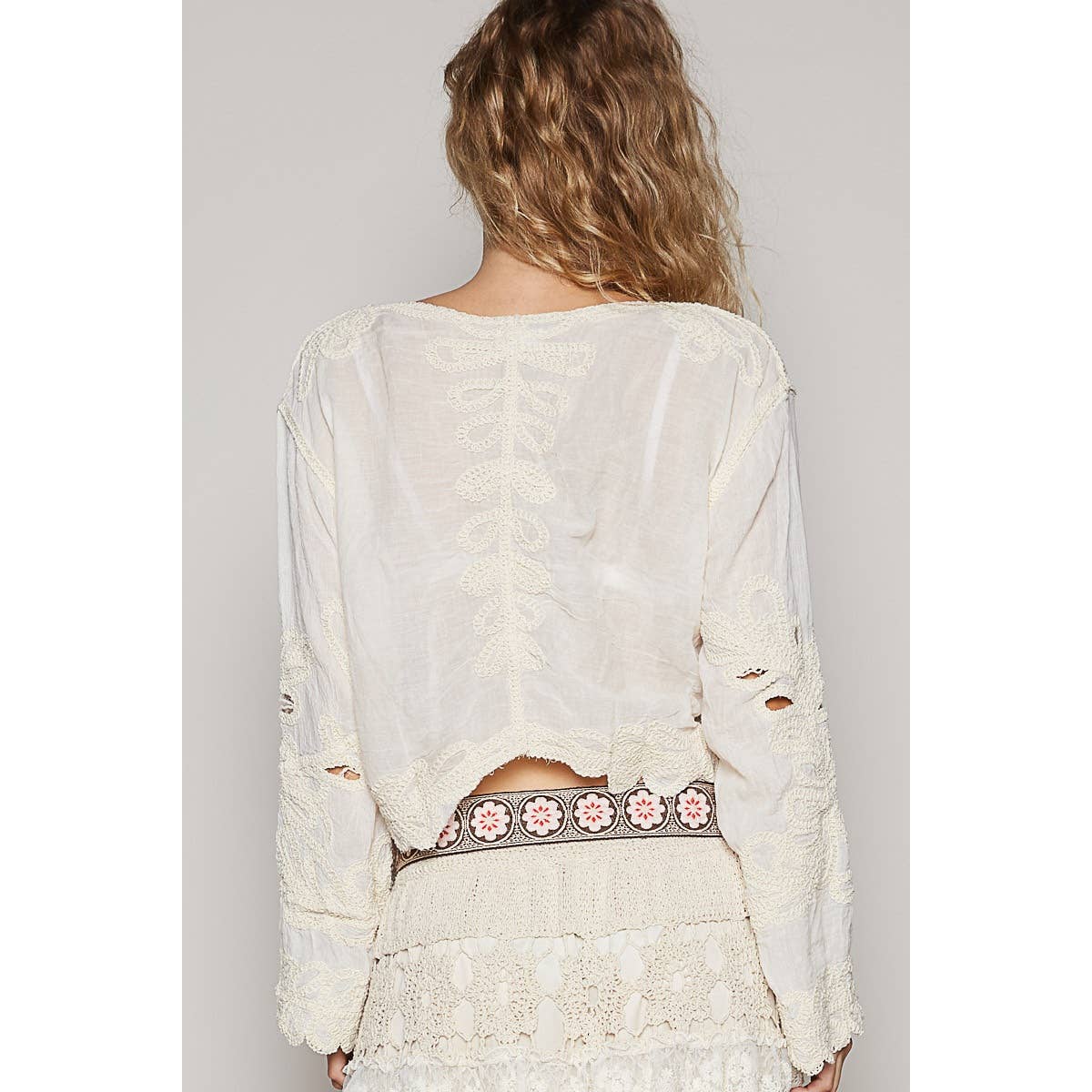 Cropped Long Sleeve Solid Crochet Top
