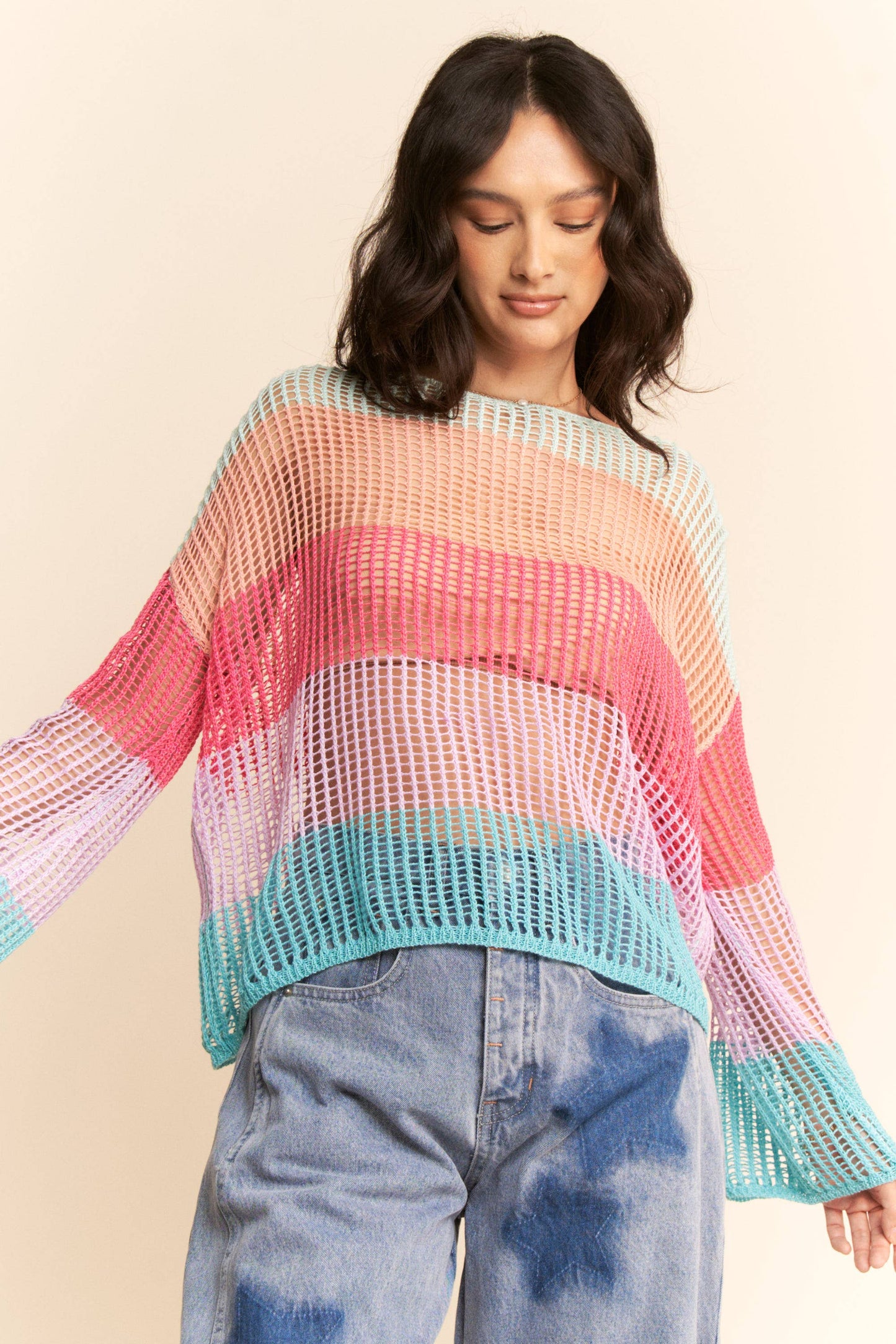 STRIPED WIDE OPENING SLEEVE PULLOVER COVER UP TOP