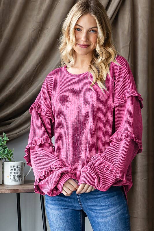 PUFF SLEEVE SOLID URBAN RIBBED TOP WITH SHIRRING