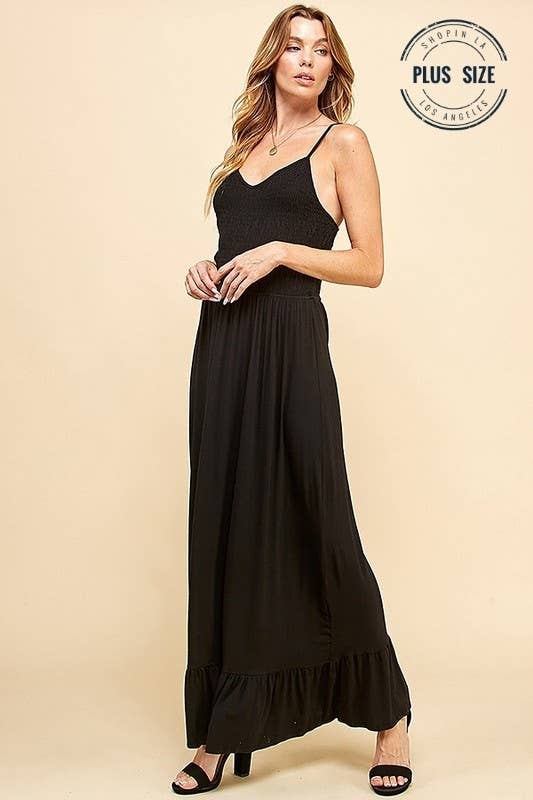 Plus Size Solid Sleeveless Smocked Maxi Dress, Black