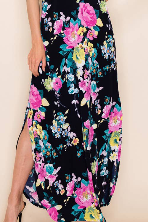 Women's Plus Navy/Yellow Floral Summer Sleeveless Maxi Dress