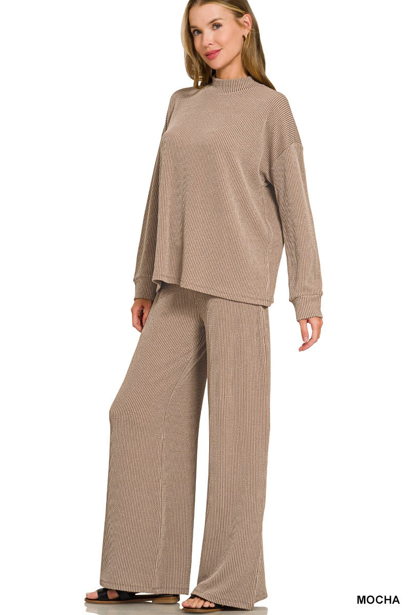 Raised Rib Mock Neck Long Sleeve Tee & Pants Set