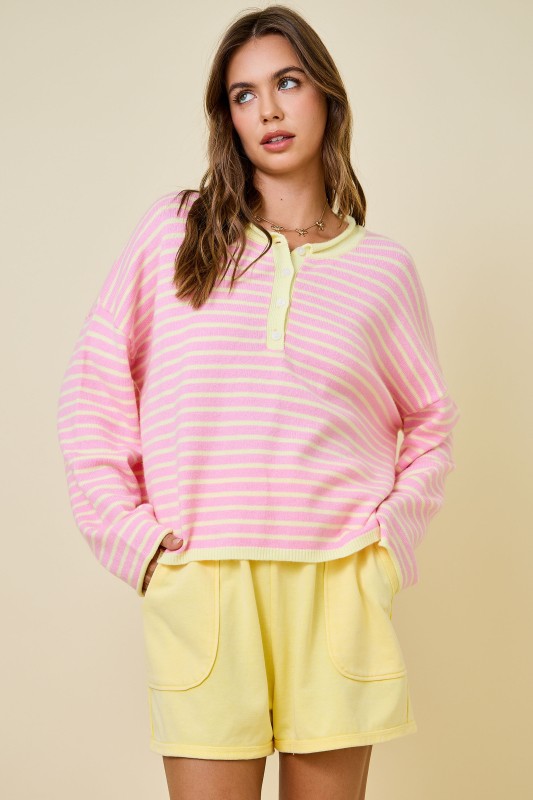 Striped Henley Neck Knit Top W/ Dropped Shoulders