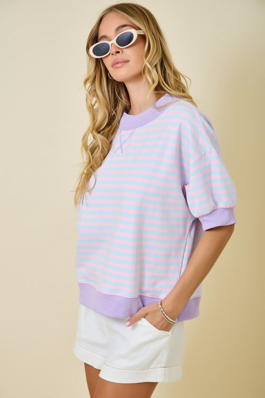 Mock Neck Striped Lounge Sweatshirt W/ 3/4 Sleeve