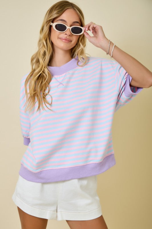 Mock Neck Striped Lounge Sweatshirt W/ 3/4 Sleeve