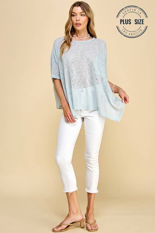 Plus Size Solid Sheer Dolman Short Sleeve Pancho, Light Blue