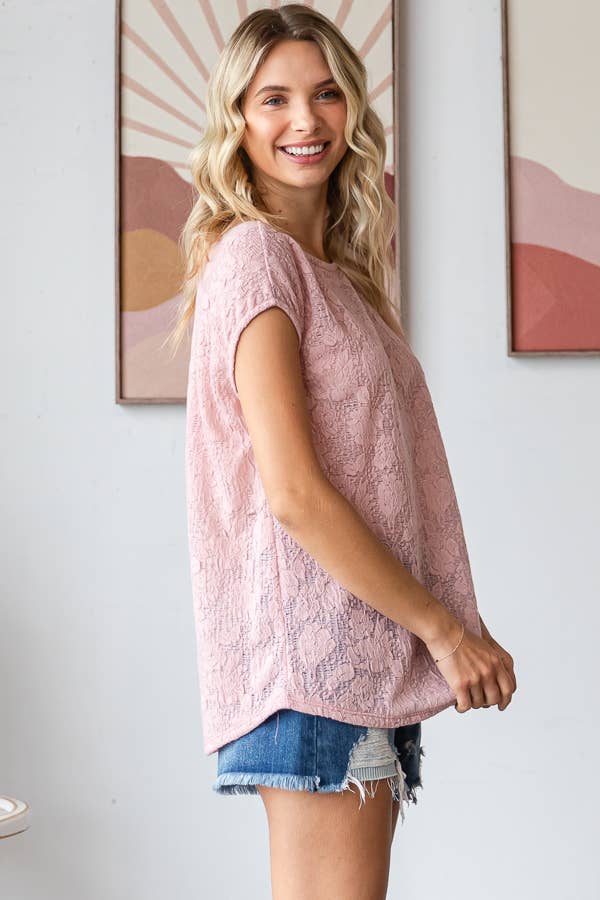 Allover Floral Semi-Sheer Lace Short Sleeve Top