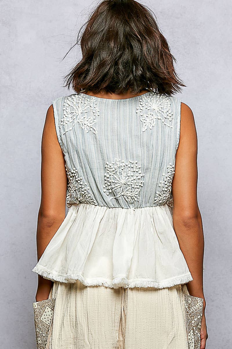 V-Neck Ruffle fringe point Embroidery Sleeveless Woven Top