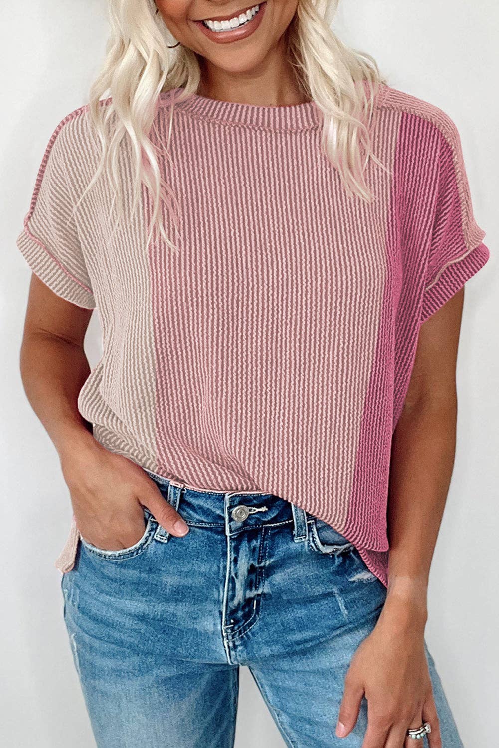 Colorblock Corded Texture Crewneck T-Shirt