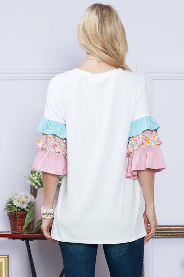 COLOR BLOCK RUFFLE SLEEVE TOP