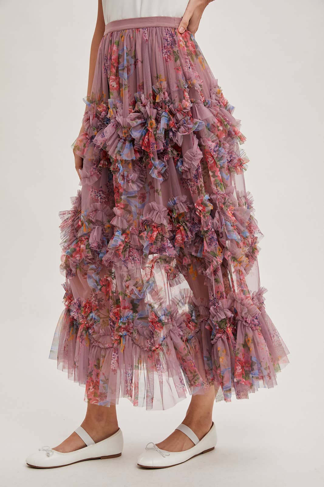 FLORAL RUFFLED MESH MIDI SKIRT