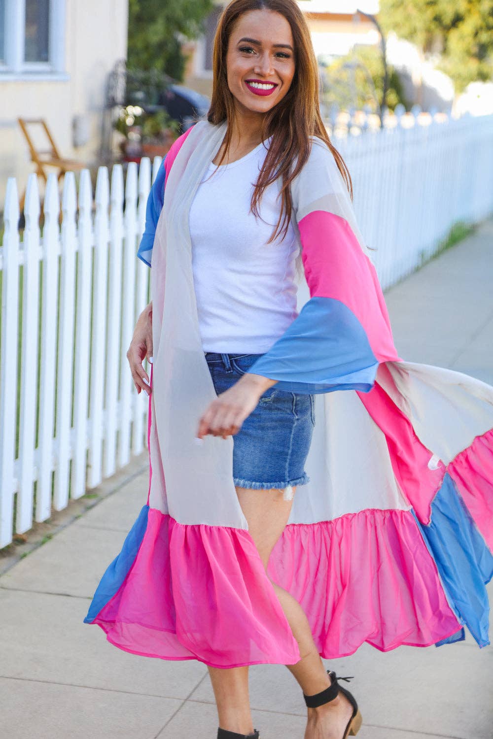 Taupe & Fuchsia Color Block Ruffle Hem Kimono