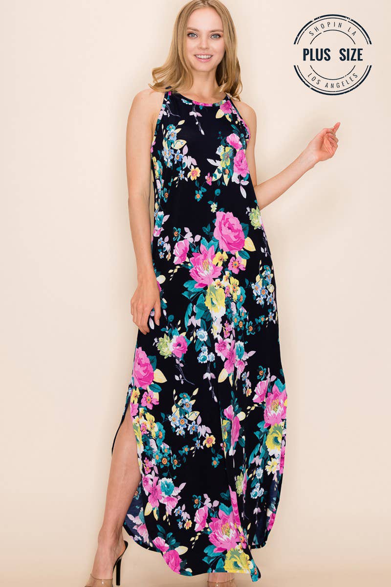 Women's Plus Navy/Yellow Floral Summer Sleeveless Maxi Dress