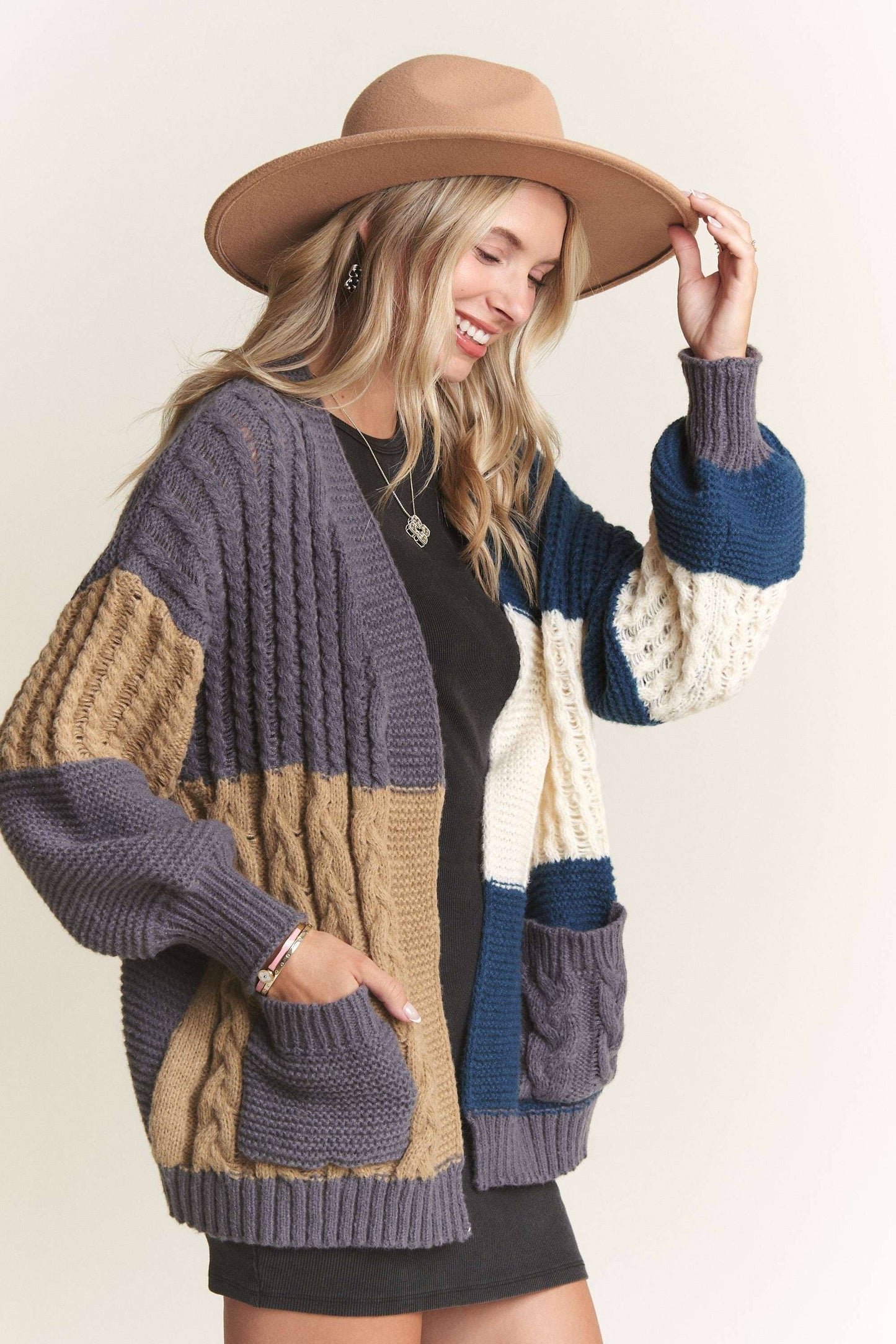 Puff Sleeves Colorblock Sweater Cardigan