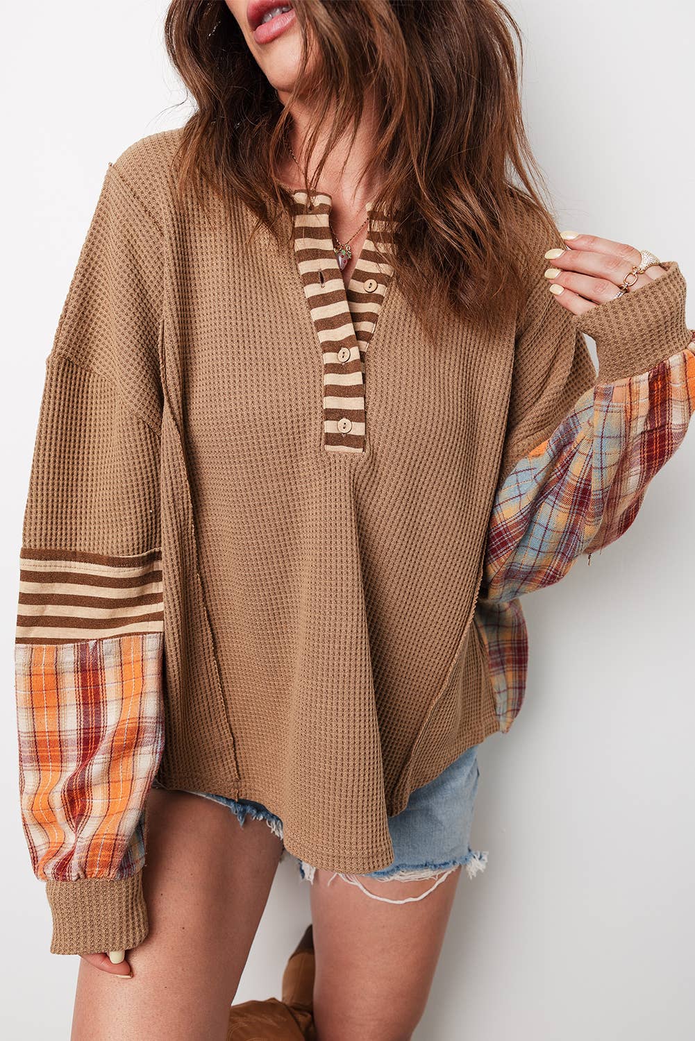 Waffle Stripe Plaid Patchwork Henley Knit Top