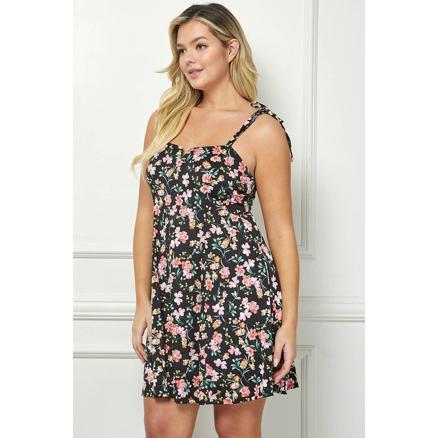 FIT AND FLARE TIE SHOULDER DRESS