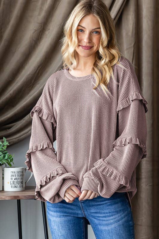 PUFF SLEEVE SOLID URBAN RIBBED TOP WITH SHIRRING