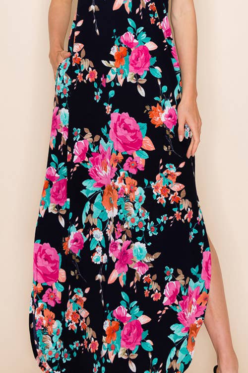 Women's Navy/Orange Floral Summer Sleeveless Maxi Dress