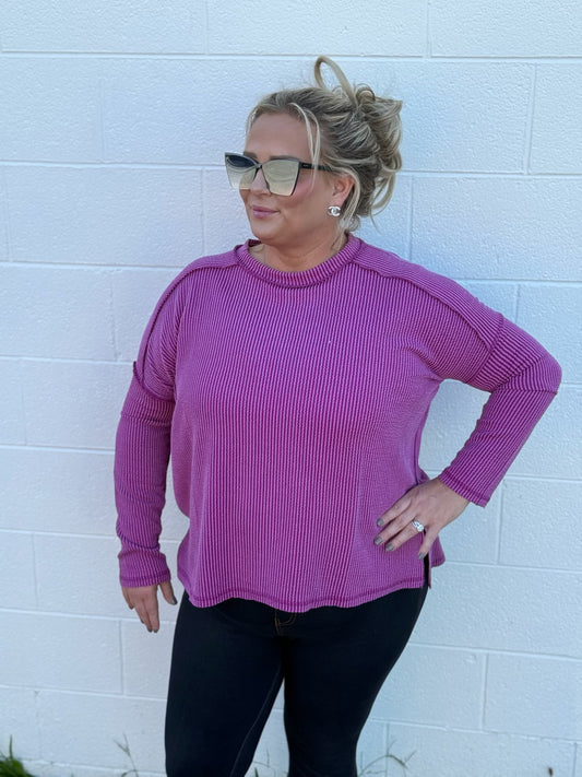 Raised Rib Raw Edge Boat Neck Long Sleeve Top