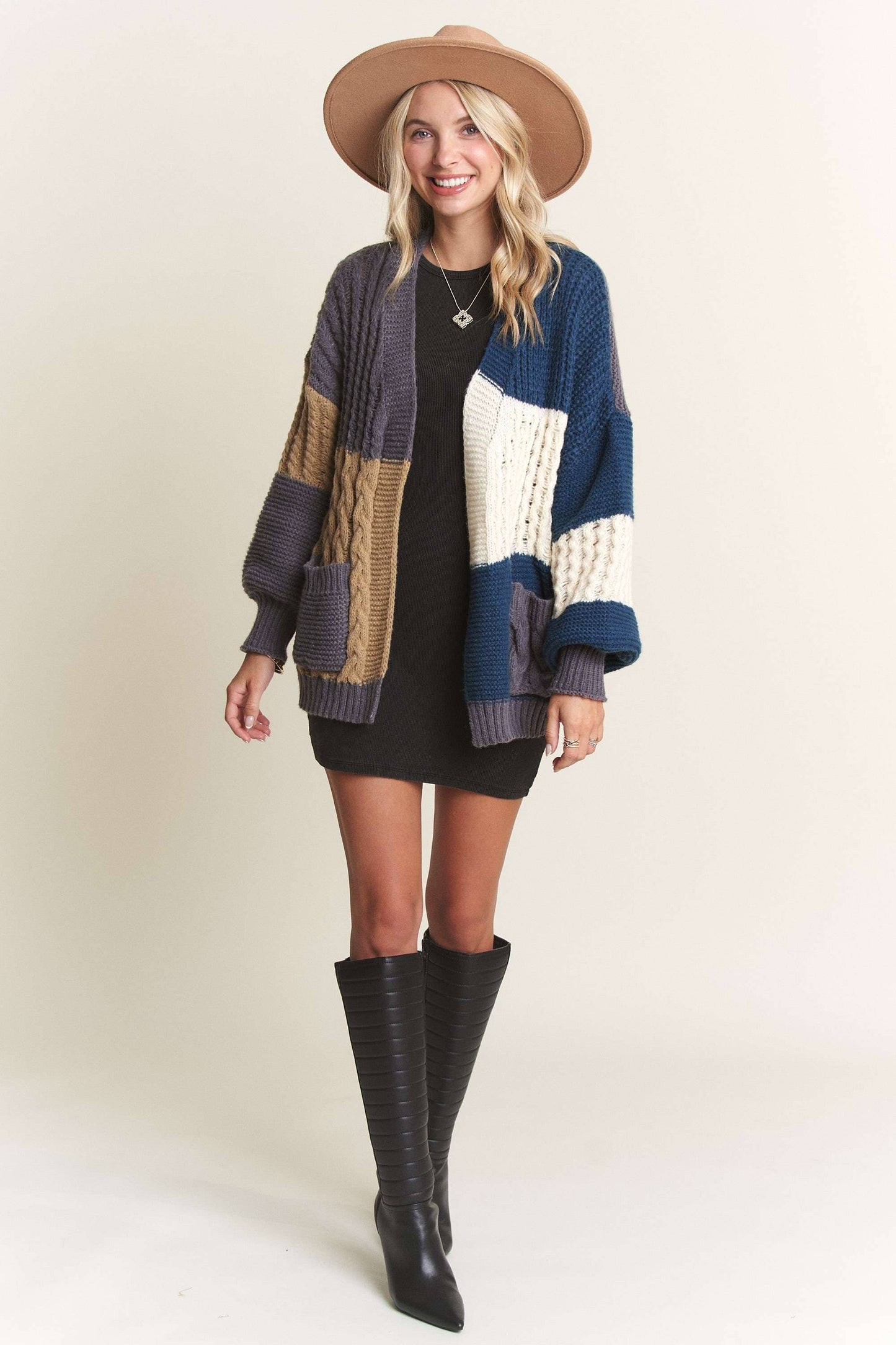 Puff Sleeves Colorblock Sweater Cardigan