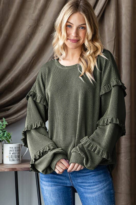 PUFF SLEEVE SOLID URBAN RIBBED TOP WITH SHIRRING
