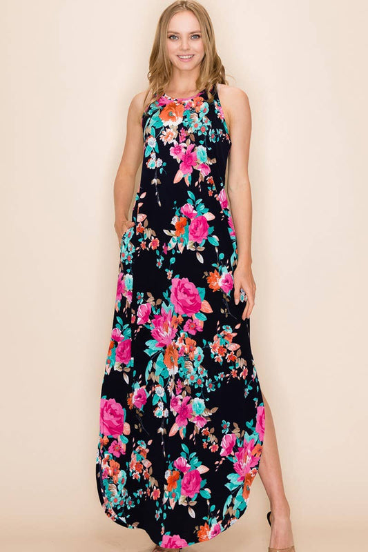 Women's Navy/Orange Floral Summer Sleeveless Maxi Dress