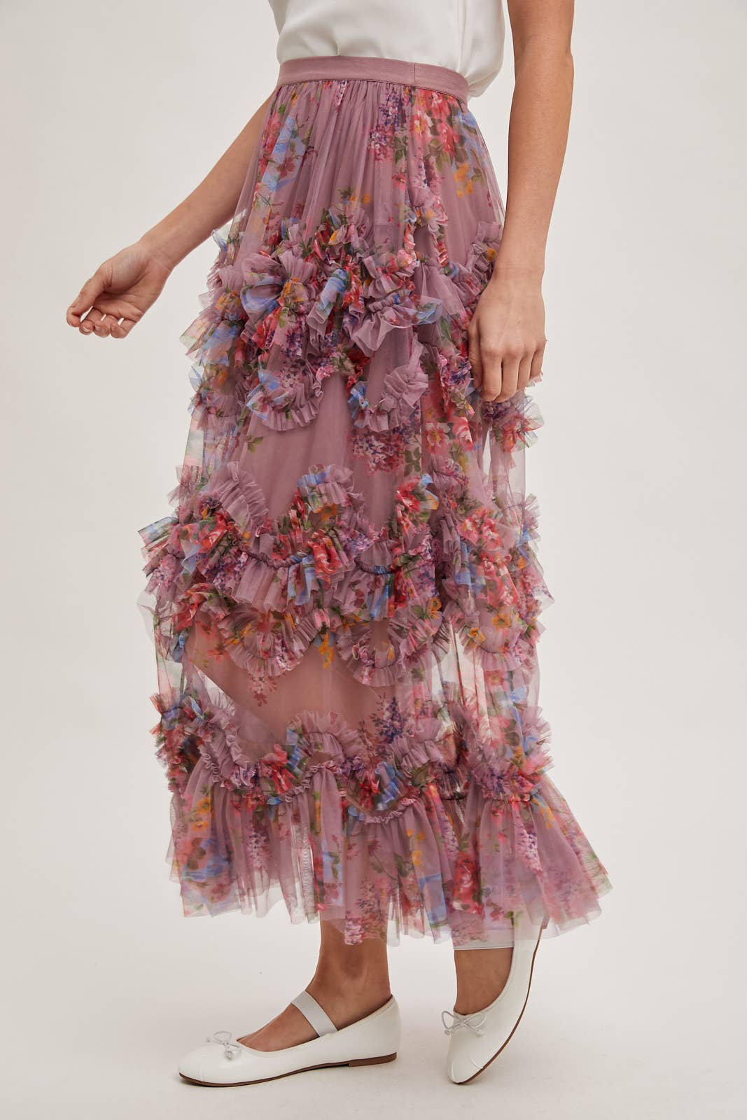 FLORAL RUFFLED MESH MIDI SKIRT