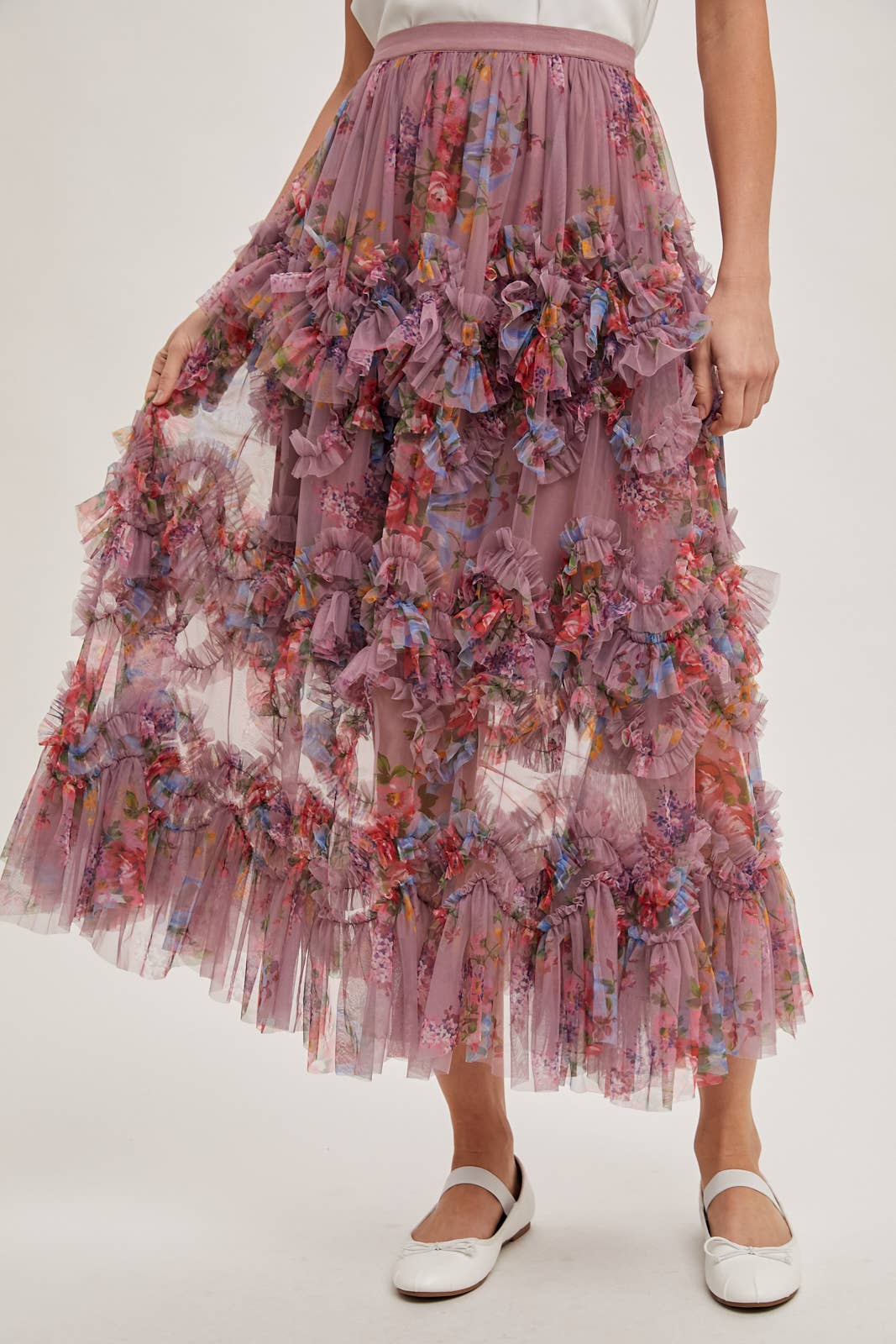 FLORAL RUFFLED MESH MIDI SKIRT