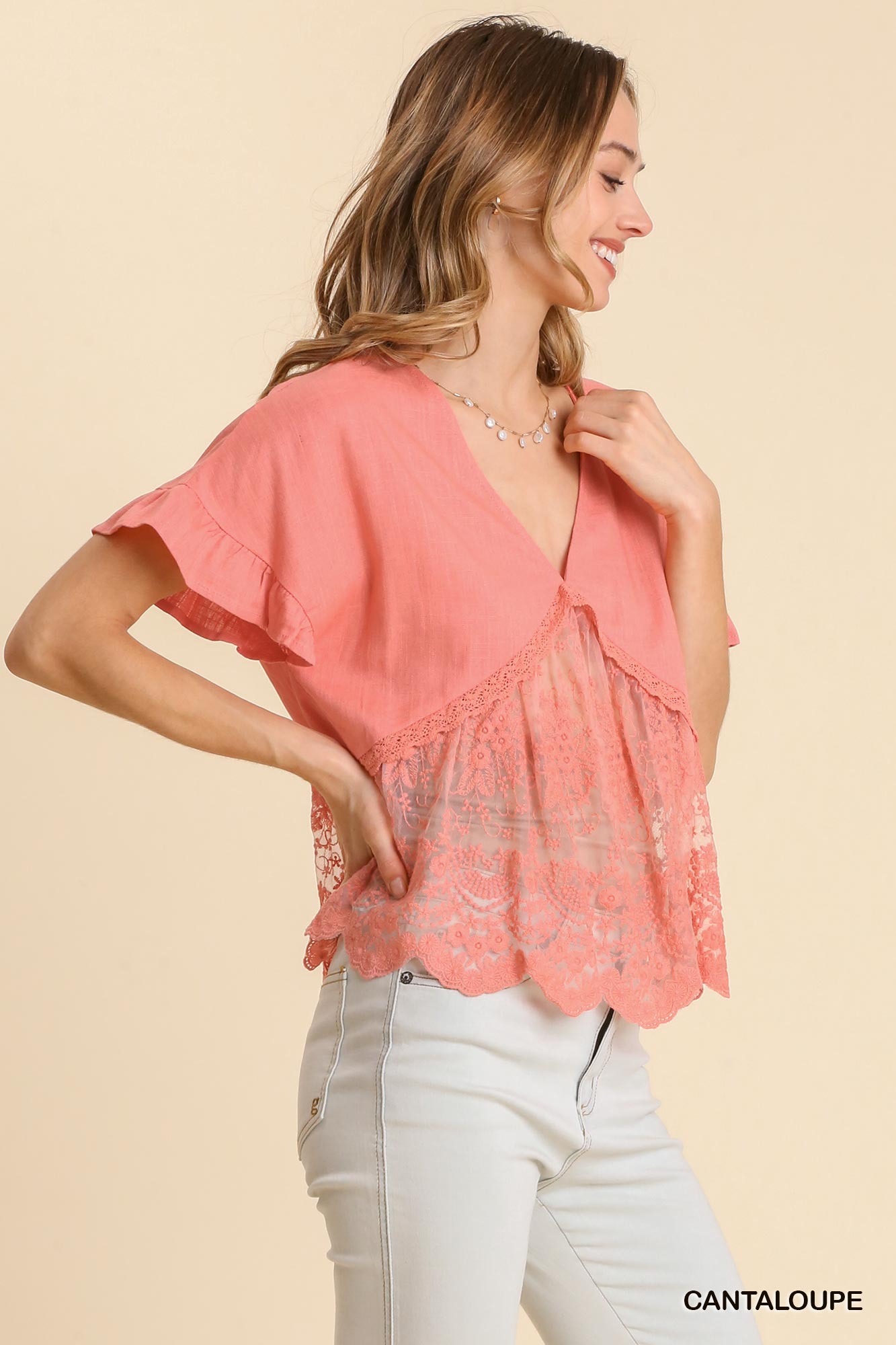 Linen Blend V-Neck Sheer Lace Scallop Top