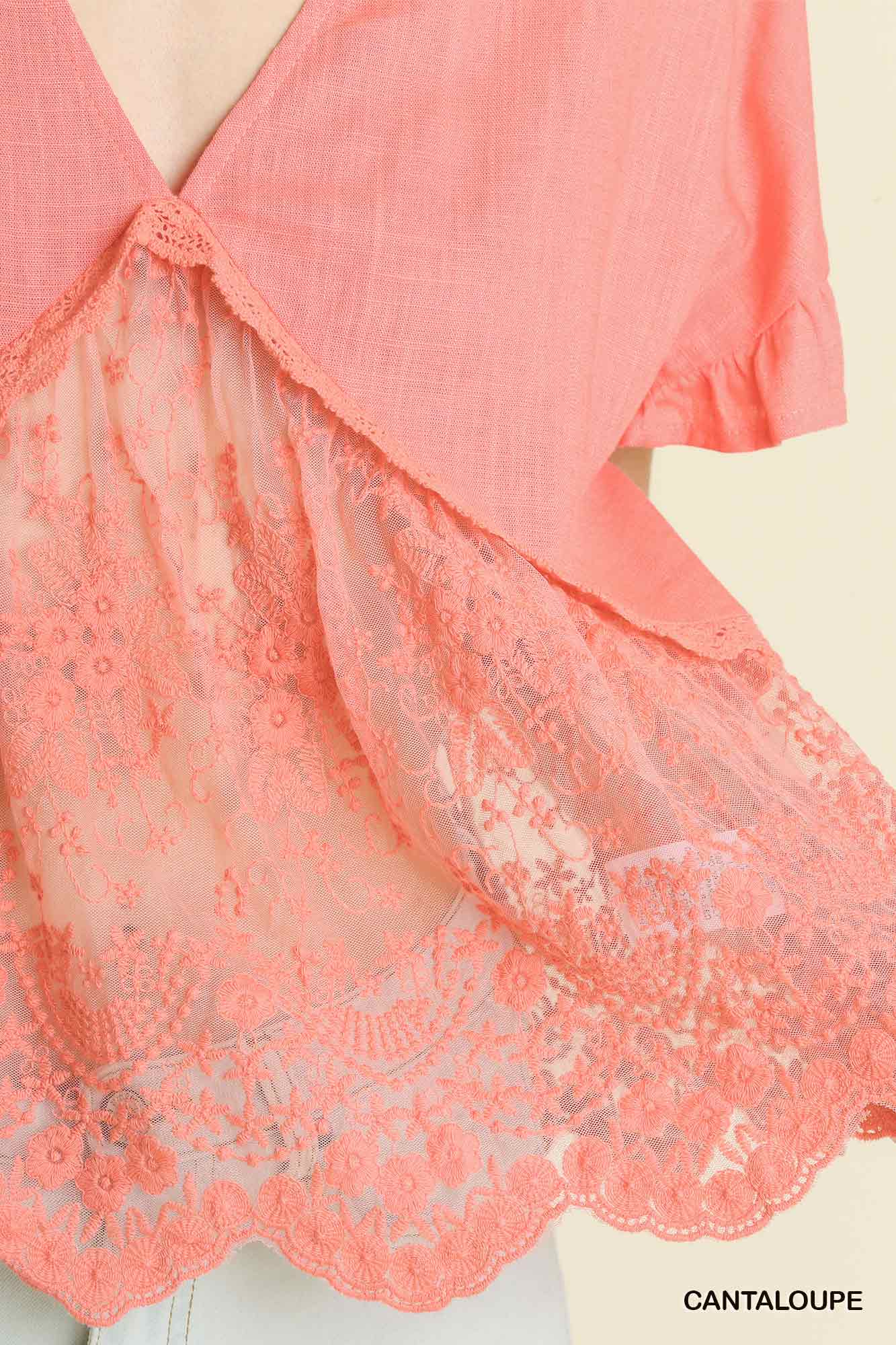 Linen Blend V-Neck Sheer Lace Scallop Top