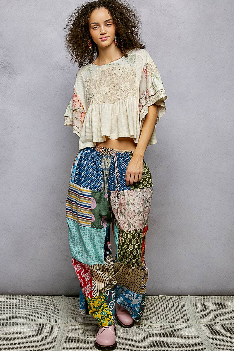 Rib Floral Pattern Round Neck Short Sleeve Top