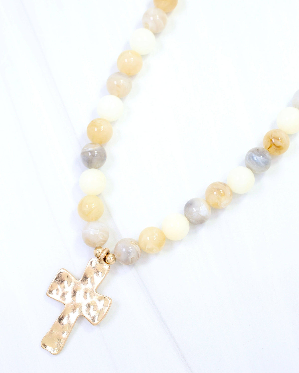 Kathryn Hammered Cross Beaded Necklace Ivory