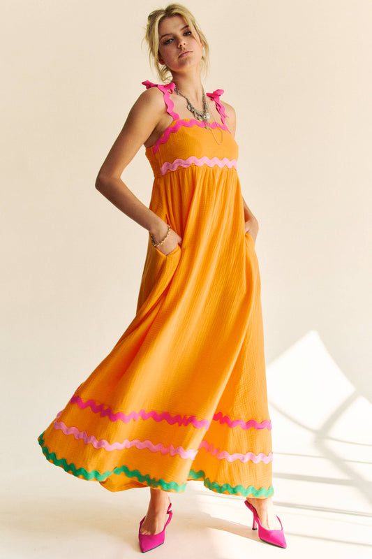 DOUBLE GAUZE TIE WAVY TRIM DETAIL MAXI DRESS