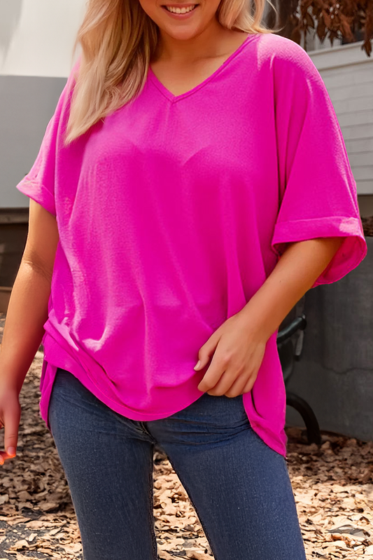 Plus Size Seamed Back High Low Hem V Neck Cuffed Sleeve Tee
