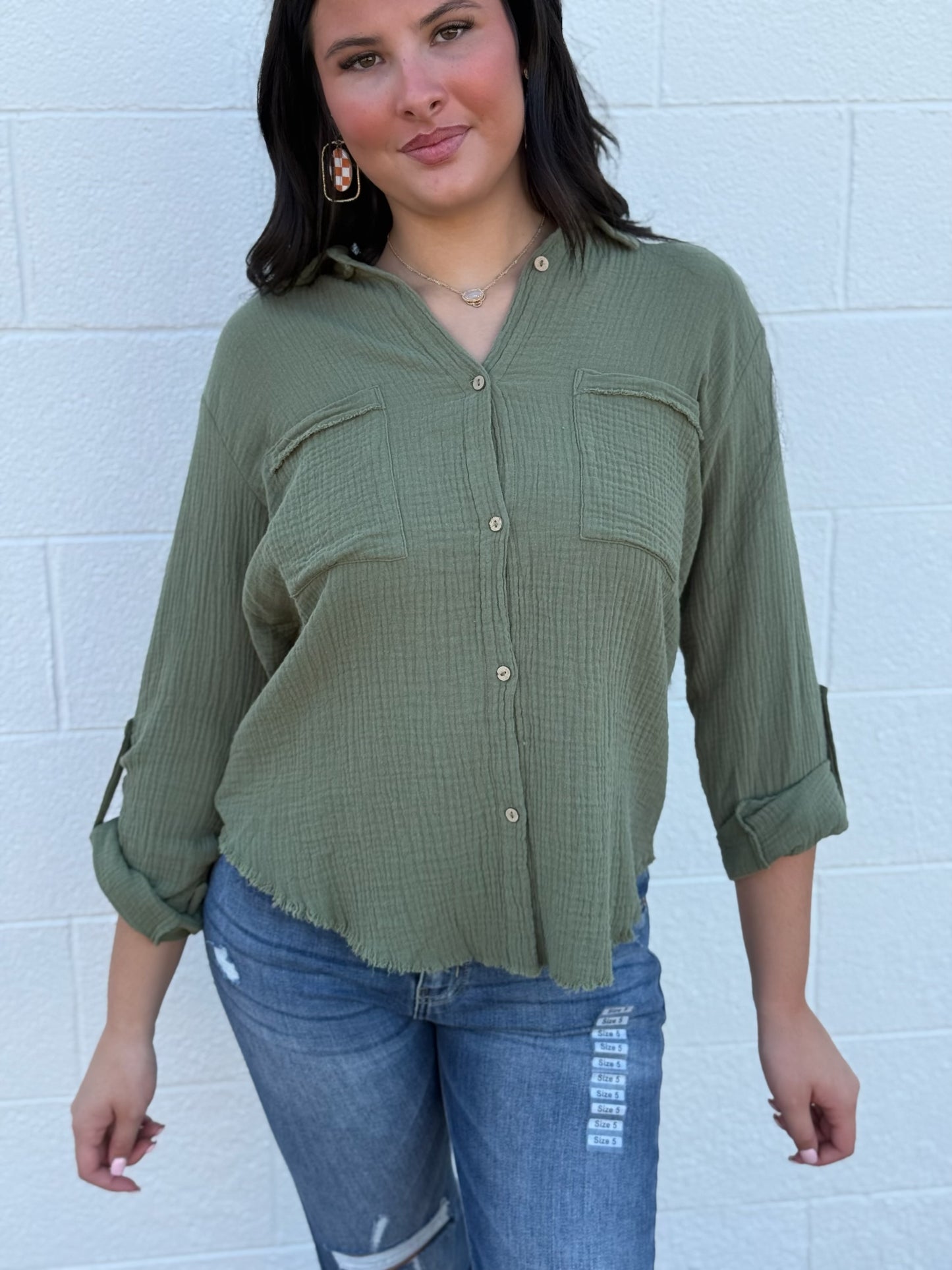 DOUBLE GAUZE BUTTON DOWN ROLL-UP LONG SLEEVE SHIRT